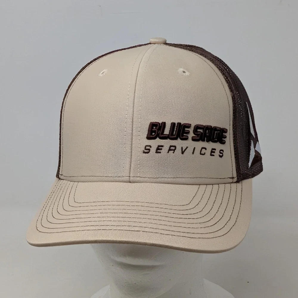 Blue Sage Services Trucker Hat Tan Brown Mesh Snapback Baseball Cap Logo Patch